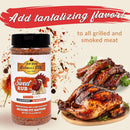 A bottle of Hickman's BBQ Sweet Natural Gluten Free BBQ Rub 9.4 oz sits beside grilled ribs and roasted chicken. Text reads, "Add tantalizing flavor to all grilled and smoked meat!" on a light background with spice accents.