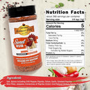 A 9.4 oz bottle of Hickman's BBQ Sweet Natural Gluten Free BBQ Rub sits next to its nutrition facts and ingredients, with a wooden table and red-and-white checkered napkin as background. This gluten free rub features a colorful rooster on the label.