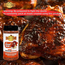 A close-up of glazed barbecue chicken with a jar of Hickman's BBQ Sweet Natural Gluten Free BBQ Rub 9.4 oz in front. Text warns: Beware—meals made with this rub may tempt you to keep coming back for more!.