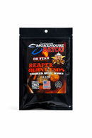 A black resealable bag labeled Blazing Star BBQ Reaper Burnt Ends Smoked Beef Jerky features bold graphics, striking Blazing Star BBQ logos, and a fiery theme on the front. This 2.3 oz bag contains spicy beef jerky crafted with authentic Carolina Reaper flavors for an intense kick.