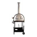 The WPPO LLC Direct Traditional 25" Dual Fueled Pizza Oven With Gas Attachment features durable stainless steel construction, a chimney, built-in thermometer, and a convenient storage shelf beneath. Mounted on black legs with wheels for easy mobility, this versatile oven gives you the authentic flavor of a wood-fired pizza oven and the convenience of gas power—perfect for your outdoor cooking needs. Shown against a white background.