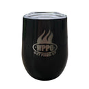 Introducing the WPPO WPPO Hot and Cold Tumbler With Lid by WPPO LLC Direct—a sleek black stainless steel tumbler with a clear lid, engraved with the iconic WPPO logo and the words "GET FIRED UP" on the front. Boasting vacuum insulation, this tumbler keeps your beverages hot or cold for hours while letting you proudly display your passion for quality.