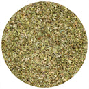 A close-up, top-down view of The Spice Lab Organic Oregano Leaf—dried and chopped green herbs from The Spice Lab—arranged in a neat circular shape on a white background, perfect for bringing authentic Mediterranean flavor to your dishes.