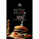 A burger on a wooden board with a knife stuck into the bun next to The Wood Pellet Smoker and Grill Cookbook: Serial Griller - Paperback.