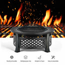 The Outdoor Fire Pit with BBQ Grill and High-temp Resistance Finish by DirectDeals features a black metal design, mesh cover, and icons showing high-temp finish, multipurpose use, easy cleaning, and simple assembly.