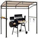 The DirectDeals 7 x 4.5 Feet Grill Gazebo Outdoor Patio Garden BBQ Canopy Shelter-Brown features a sturdy patio grill shelter with a brown canopy, side shelf for food, and hooks for grilling tools.