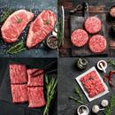 Four images of the Dude Food Kings Meat Box by Dude Food: tender American beef steak seasoned with herbs and spices, burger patties arranged on a wooden board, strip steaks on slate garnished with rosemary, and ground beef on parchment accompanied by spices and oil.
