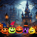 Five cartoon jack-o-lanterns line a bridge under a full moon, with gothic castle and misty trees behind. DirectDeals Ash Bucket with Lid and Cut-resistant Gloves lamps glow among the twisted branches.