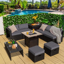 Relax on the DirectDeals 9 Pieces Outdoor PE Rattan Wicker Sectional Sofa with 42 Inch Gas Fire Pit Table, featuring gray cushions, drinks, sunflowers, and lush palms by the pool.