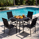The DirectDeals 5 Pieces Patio Dining Set for 4 Outdoor Square Table and Stackable Chairs is arranged beside a pool, the table adorned with fruit, iced tea, and a pitcher under palm tree shade.