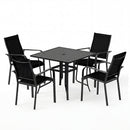 The DirectDeals 5 Pieces Patio Dining Set for 4 Outdoor Square Table and Stackable Chairs features a black metal table and four matching stackable chairs with mesh seats and backs, displayed on a white background.