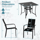 Diagram showing dimensions of the DirectDeals 5 Pieces Patio Dining Set for 4 Outdoor Square Table (36x36x29) and stackable chairs (21x24x36); table supports 125 lbs, each chair up to 350 lbs.