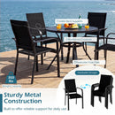 The DirectDeals 5 Pieces Patio Dining Set for 4 Outdoor Square Table and Stackable Chairs features stable back supports, reinforced crossbars, protective foot pads, and a space-saving stackable design.