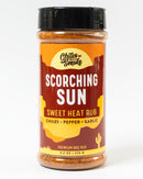 A 9.5 oz (270 g) jar of Chiles & Smoke Scorching Sun Sweet Heat Rub by Chiles and Smoke, featuring bold Southwest chile heat with chiles, pepper, and garlic in every bite. The container showcases a desert-themed design with a cactus illustration.