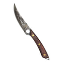 The Spaceman Knives Meteor Series Boning Knife by Spaceman Knives features a handmade blade with decorative patterns, a wooden handle with three brass rivets, and comes with a black sheath—perfect for precision trimming during kitchen prep.