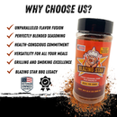 A bottle of Blazing Star BBQ’s Blazing Star All In One Seasoning sits beside a vibrant heap of spices. Text highlights reasons to choose it: bold flavor, health benefits, grilling appeal, all-in-one versatility, and its rich BBQ legacy. Badges indicate it's veteran-owned and award-winning. This keto-friendly blend is perfect for elevating any dish.