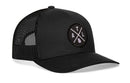 The Haka Hat Atlanta Trucker Hat | Black ATL X Snapback features a mesh back and round front patch with crossed A, T, L letters and a Georgia outline—combining comfort, city pride, and signature Haka Hat style.