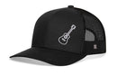 The Haka Hat Acoustic Guitar Trucker Hat is a black mesh-back snapback by Haka Hat, featuring a simple white outline of an acoustic guitar on the front panel.