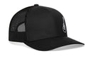 The Haka Hat Acoustic Guitar Trucker Hat is a black snapback featuring a curved brim, white embroidered logo on the front left panel, and breathable mesh sides and back for all-day comfort.