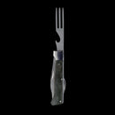 The Messermeister Adventure Chef Linen Folding Camp Utensil features a fork, bottle opener, and textured dark handle, all shown against a black background.