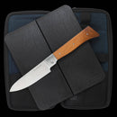 The Messermeister Adventure Chef Maple Basecamp Set - 3 Piece features German stainless steel knives with maple wood handles, resting in a black zippered case—ideal for outdoor cooking—shown against a black background.
