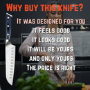 A woman slices vegetables in a kitchen. Overlaid text promotes the SpitJack 6.5″ Santoku Chef’s Knife, highlighting benefits such as comfort, stylish appearance, pride of ownership, and affordability. An image of the versatile SpitJack blade is featured on the left side.