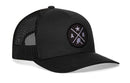 The Haka Hat Alaska Trucker Hat | Black AK X Snapback features a black mesh design with a round patch showing a white star, A and K letters, and bear symbol—great for outdoor adventures or everyday Alaska style.