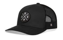 The Haka Hat Albuquerque Trucker Hat | Black ABQ X Snapback features a circular ABQ patch with B, A, Q, and trident symbol, plus a small H logo on the mesh back—a must-have for any Albuquerque trucker hat fan.