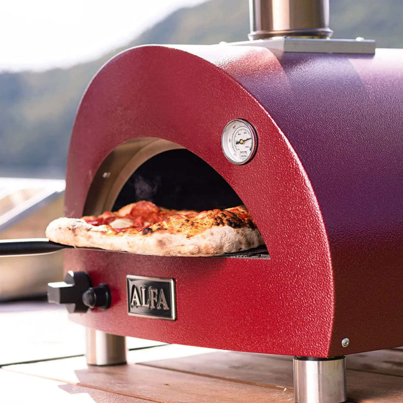 Alfa Moderno Portable Pizza Oven in Antique Red with firebrick floor and chimney design