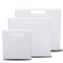 Three square white cut-resistant Blue Coolest Divider Cutting Board Premium Camper Storage boards of varying sizes, each with a handle cutout at the top.