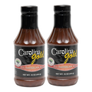 Two identical bottles of Gourmet Carolina Gold All American Red Carolina Gold BBQ Sauce with black labels that read All American Red and With Sweet Hickory Flavor.