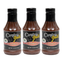 Three identical 16-ounce bottles of Gourmet Carolina Gold All American Red Carolina Gold BBQ Sauce with black labels.