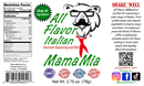 Pawpa Flavor All Flavor Mama Mia Italian Seasoning by Pawpa Flavor LLC features a label with a bear mascot sporting sunglasses and a tie, along with nutrition facts, product info, and directions to shake well. Made with just 10 ingredients, this sugar-free and salt-free Italian seasoning highlights various dietary badges on its packaging.