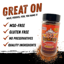 A jar of Blazing Star All In One Seasoning from Blazing Star BBQ stands next to bold text highlighting its features: keto-friendly, MSG-free, gluten free, no preservatives, and quality ingredients. Vibrant orange splashes and a playful star logo in the background emphasize this versatile blend as your must-have All In One Seasoning for every meal.