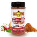 An 11 oz bottle of Hickman's BBQ Premium All Purpose Gluten Free Keto Friendly BBQ Rub with a pig cartoon label, surrounded by garlic, chili peppers, herbs, and spices. This preservative-free seasoning is perfect for flavorful grilling.