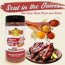 A bottle of Hickman's BBQ Premium All Purpose Gluten Free Keto Friendly BBQ Rub (11 oz), three wooden spoons with assorted spices, and glazed ribs with lime wedges. Text: Seal in the Juices That Keep Meat Moist and Tender.