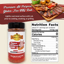 A bottle of Hickman's BBQ Premium All Purpose Gluten Free Keto Friendly BBQ Rub 11 oz is pictured with grilled meat, veggies, and a nutrition label. Text highlights this gluten free rub as perfect for BBQ, smoking, or grilling.