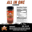 A 10.4 oz bottle from the Blazing Star BBQ Ultimate Seasoning Bundle is displayed alongside its nutrition facts and ingredients, showcasing its versatility for seasoning meat, vegetables, and fish. Made by veteran-owned Blazing Star BBQ, this spicy rub combines bold flavors like chili pepper and garlic—an ideal addition to any BBQ seasoning bundle.