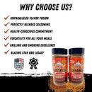 Two bottles from the Blazing Star BBQ Sugar Free Bundle are displayed next to six compelling reasons to choose Blazing Star BBQ, highlighting flavor, health-conscious ingredients, versatility, and top-tier grilling performance. This proudly veteran-owned brand features award badges at the bottom and offers a keto-friendly, gluten-free BBQ rub that’s completely sugar free—an ideal, delicious choice for any mindful grill master.