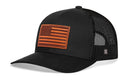 The Haka Hat American Flag Trucker Hat Leather in black features a mesh back, orange flag patch, curved bill, and small logo near the brim for a stylish, classic look from Haka Hat.