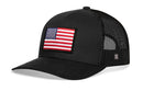 The Haka Hat American Flag Trucker Hat | Black USA Snapback features a curved bill, breathable mesh back, and a USA flag patch on the front for all-day comfort.