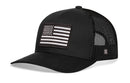 The Haka Hat American Flag Trucker Hat is a black USA monochrome snapback with a black and white flag patch, breathable mesh panels, and a curved brim for style and comfort.