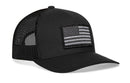 The Haka Hat American Flag Trucker Hat features a black and white flag patch, curved brim, structured crown, and breathable mesh sides. This Haka Hat snapback is the ideal black USA tactical trucker hat for everyday wear.