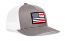 Show off your style with the Haka Hat American Flag Trucker Hat—a gray-white USA snapback featuring a stitched flag patch and breathable mesh panels.