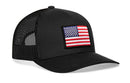 The Haka Hat American Flag Trucker Hat is a black mesh USA snapback with a curved brim and a rectangular American flag patch on the front panel.