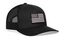 The Haka Hat American Flag Trucker Hat features a black mesh back and a monochrome USA flag patch—classic snapback style for any occasion.