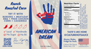 Culture Hot Sauce American Dream bottle label features the signature blue hand logo against an American flag background, along with nutrition facts, ingredients, pairing suggestions, and social media details. "American Dream" is boldly displayed beneath the logo to honor this classic hot sauce from Culture Hot Sauce, crafted with cayenne chili peppers for a bold and unforgettable kick.