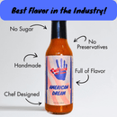 A bottle of Culture Hot Sauce American Dream by Culture Hot Sauce, surrounded by text: Best Flavor in the Industry! No Sugar, No Preservatives, Handmade, Chef Designed, Full of Flavor. Crafted with bold cayenne chili pepper for that authentic American hot sauce kick.