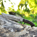 The Texan Knives Damascus Steel Antique Bowie Knife for Sale, 13" with a Damascus steel guard and rosewood handle, rests on a tree trunk outdoors amid blurred greenery and sunlight. Leather sheath included.