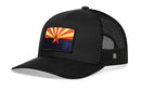The Haka Hat Arizona Flag Trucker Hat | Black CA Snapback features a black mesh back and a front patch of the state flag with a red/yellow sunburst, blue field, and orange star.